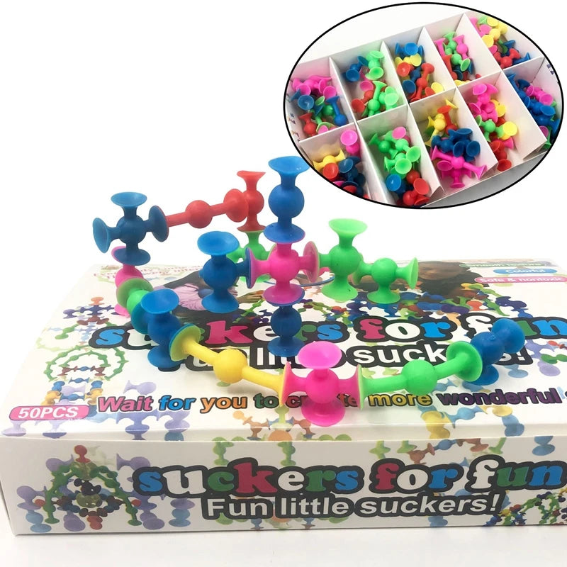 1Box=50Pcs Spliced Suckers Blocks Toy Soft Silicone Building Blocks Kids DIY Assembled Toy Funny Sucker Cup Toys