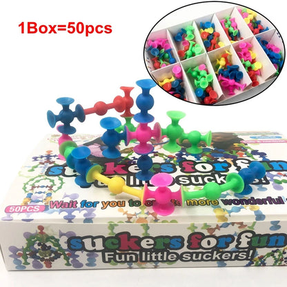 1Box=50Pcs Spliced Suckers Blocks Toy Soft Silicone Building Blocks Kids DIY Assembled Toy Funny Sucker Cup Toys