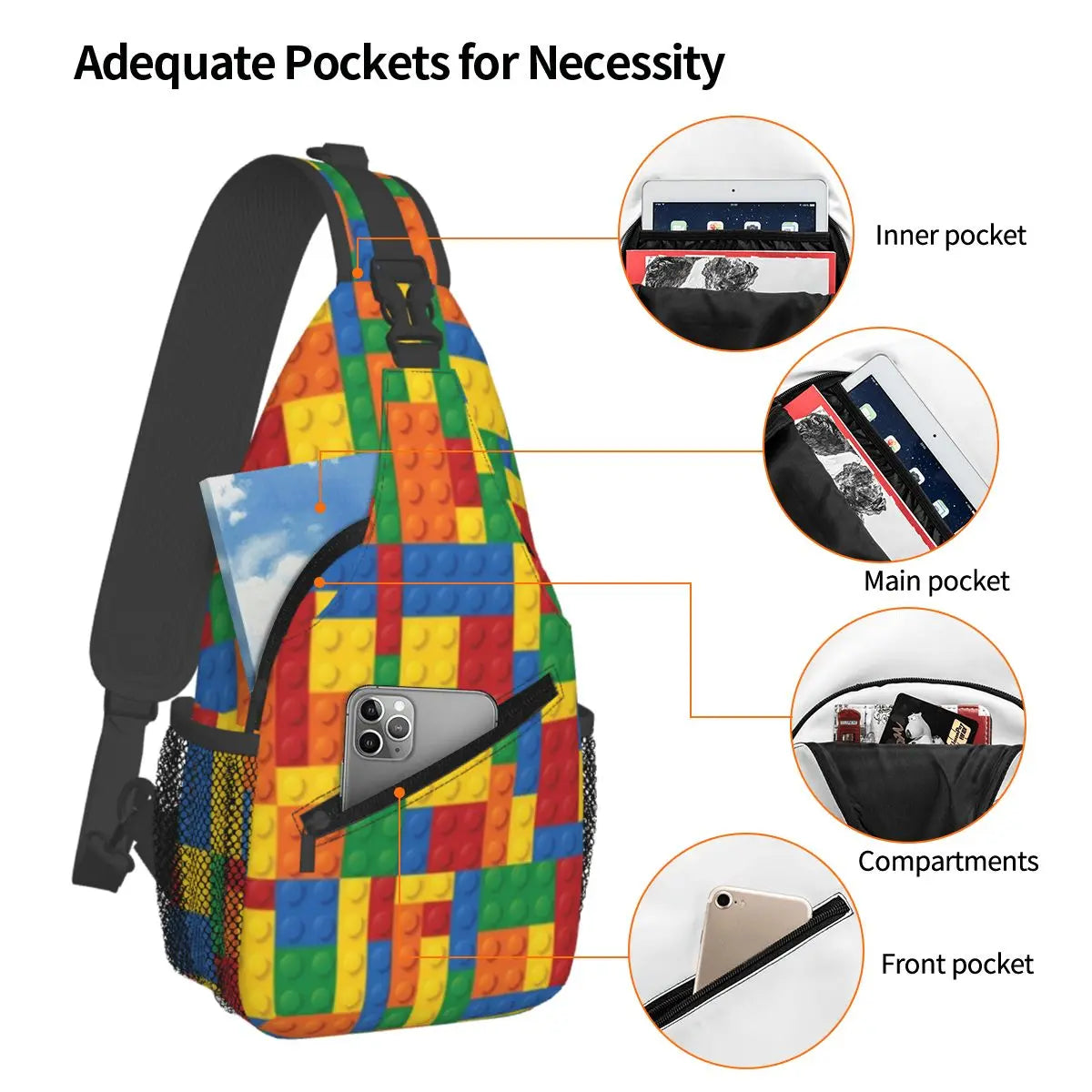 Building Toy Blocks Sling Backpack Sling Bag Hiking Traveling Chest Bag Daypack Men'S Fashion Crossbody Backpack Shoulder Bag